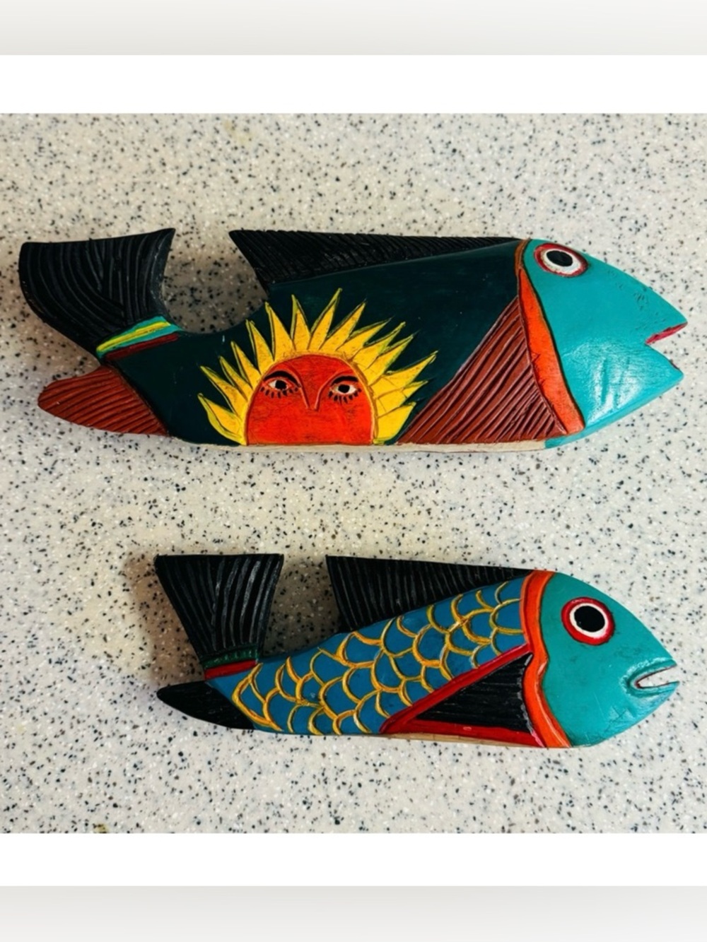 2 Vintage Hand carved Mexican folk art.Blue and orange tropical fish decor.